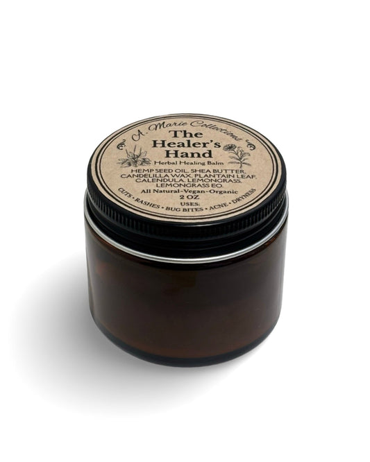 Jar of 'The Healer's Hand' balm on a white background
