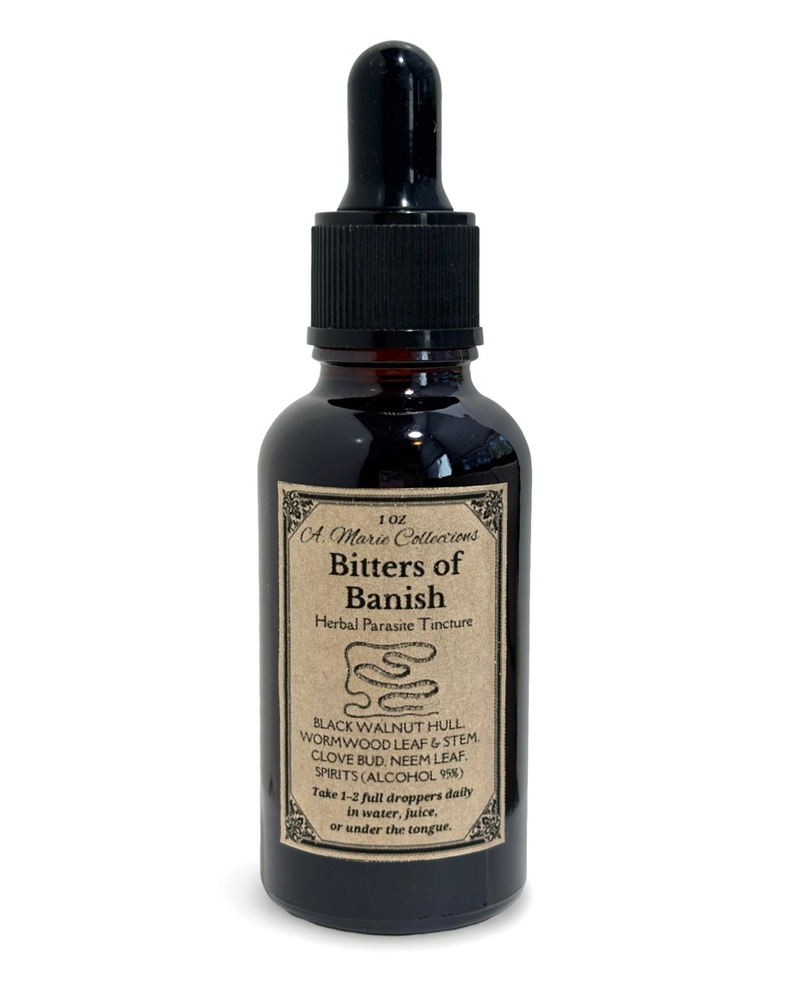Bottle of Bitters of Banish with a dropper on a white background