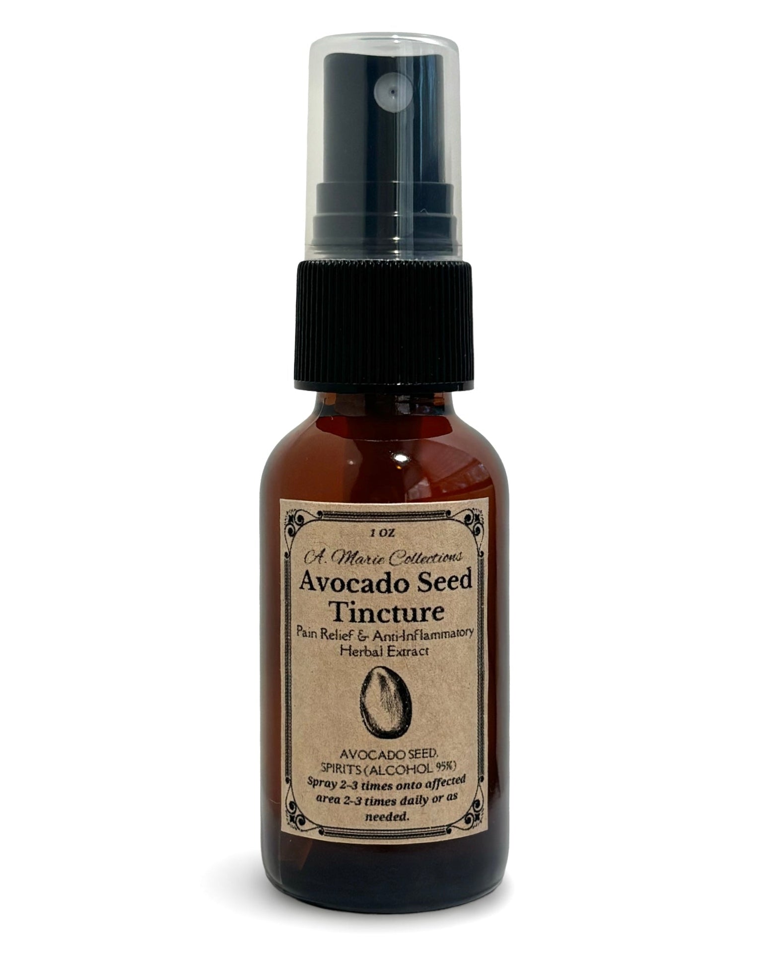 Avocado Seed Tincture bottle with label on a white background