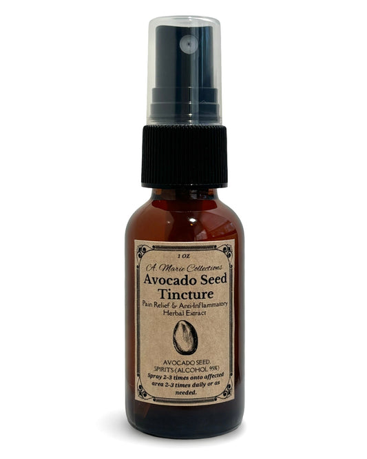Avocado Seed Tincture bottle with label on a white background