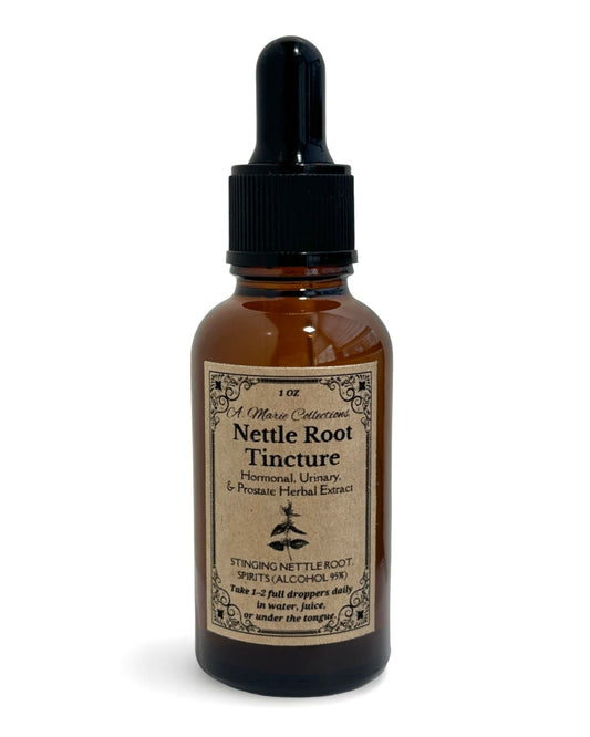 Bottle of Nettle Root Tincture with dropper on a white background