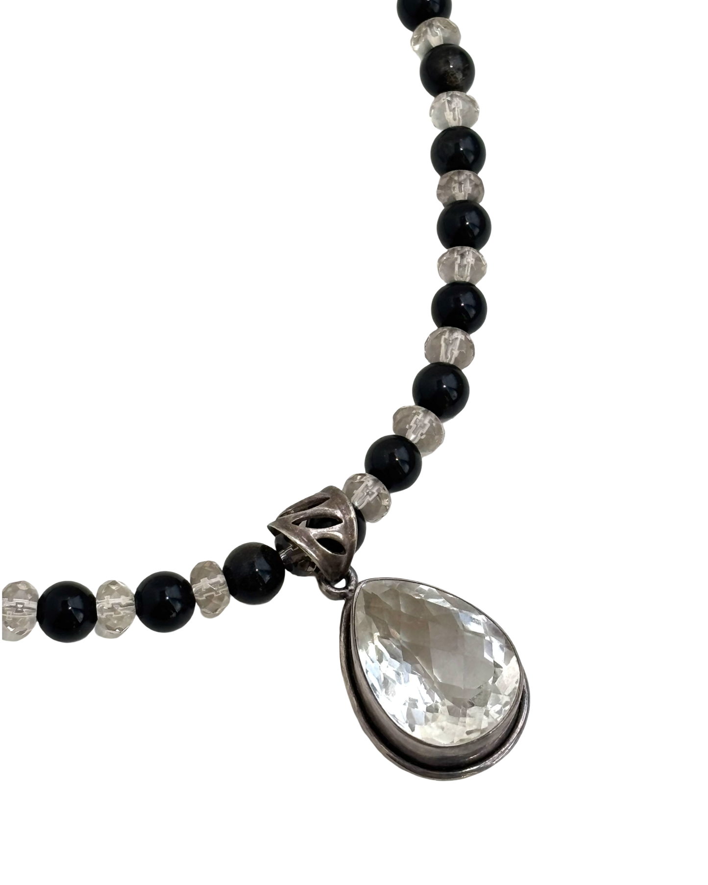 Shadowlight - Obsidian & Faceted Smoky Quartz Gemstone Necklace w/ Antique Faceted Clear Quartz Pendant