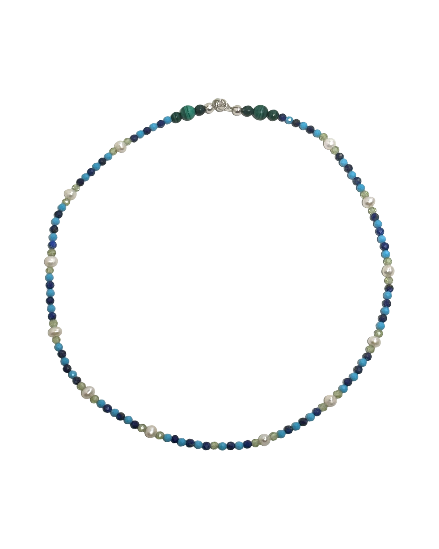Sacred Waters - Faceted Turquoise, Lapis Lazuli, and Peridot Gemstone Necklace w/ Freshwater Pearls