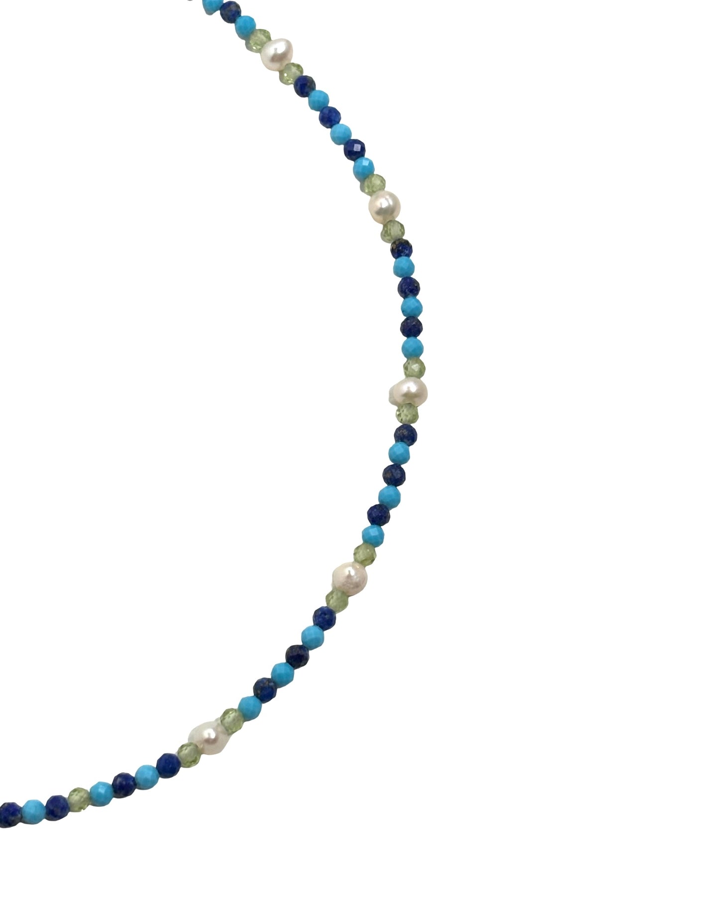 Sacred Waters - Faceted Turquoise, Lapis Lazuli, and Peridot Gemstone Necklace w/ Freshwater Pearls