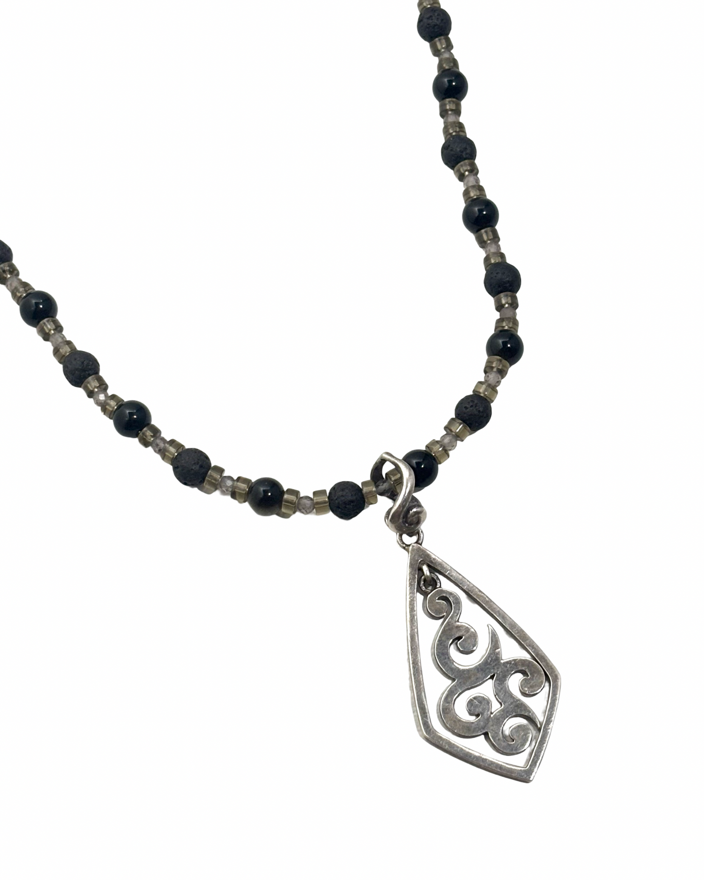 Written in Smoke - Obsidian, Lava Rock, & Smoky Quartz Gemstone Necklace w/ Antique Silpada Sterling Silver Pendant