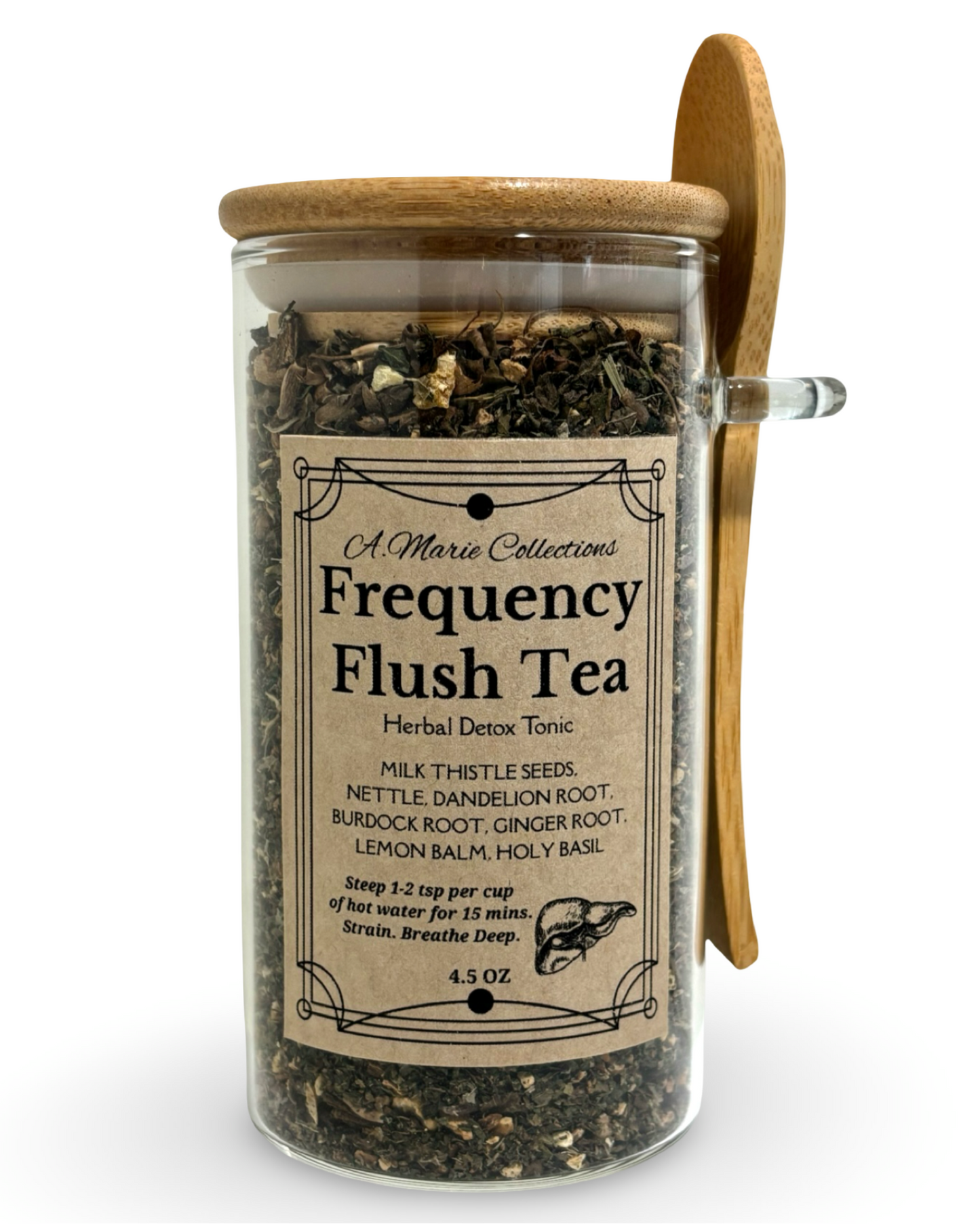 Jar of Frequency Flush Tea with a wooden scoop on a white background