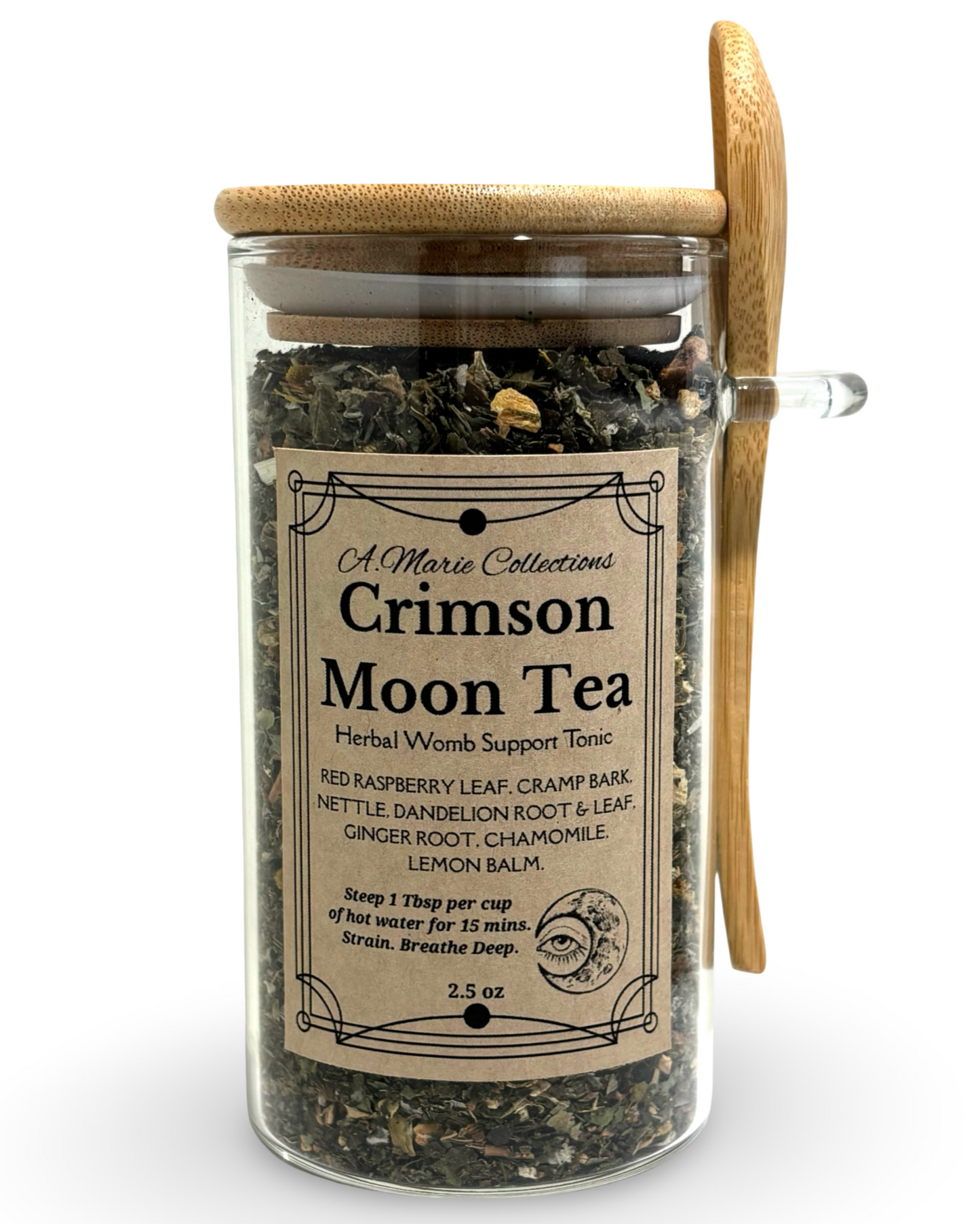 Glass jar of Crimson Moon Tea with a wooden lid on a white background