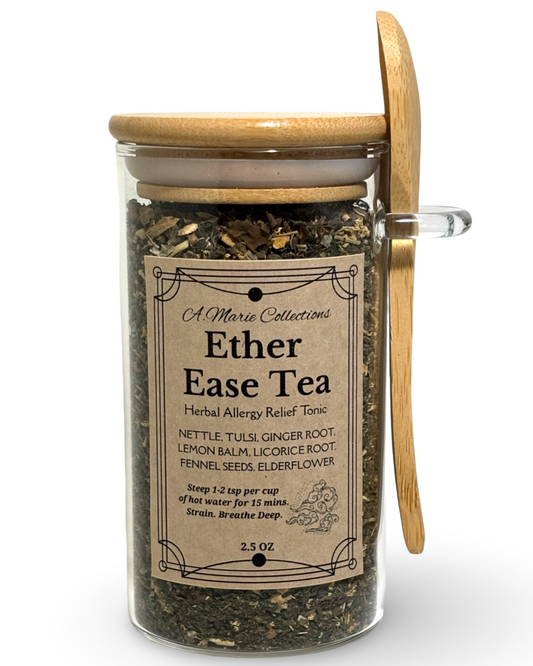 Glass jar of Ether Ease Tea with wooden lid and label on a white background