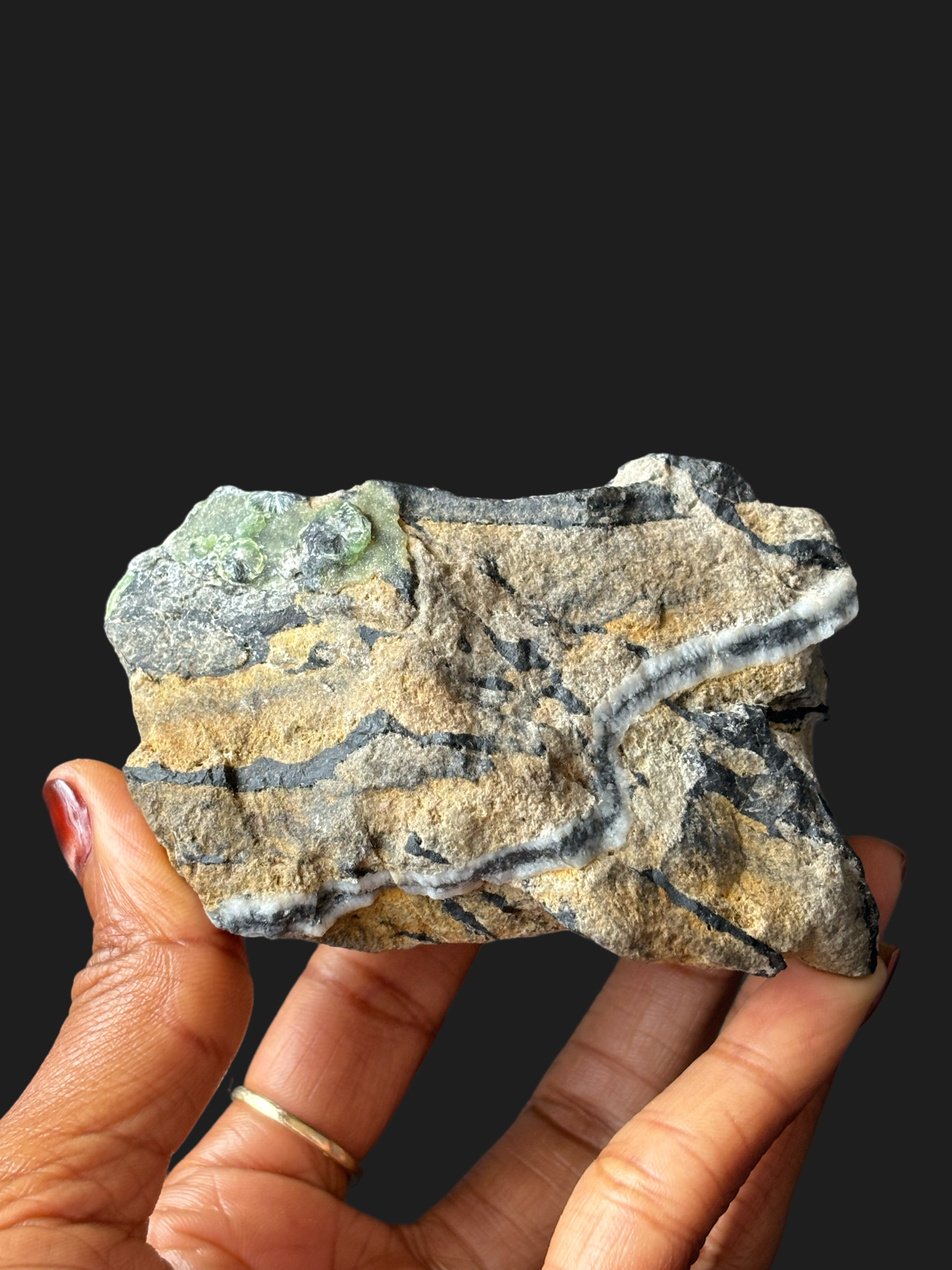 Unique Green Wavellite on Layered Chert & Novaculite Matrix with Quartz Vein – Mauldin Mountain, Arkansas