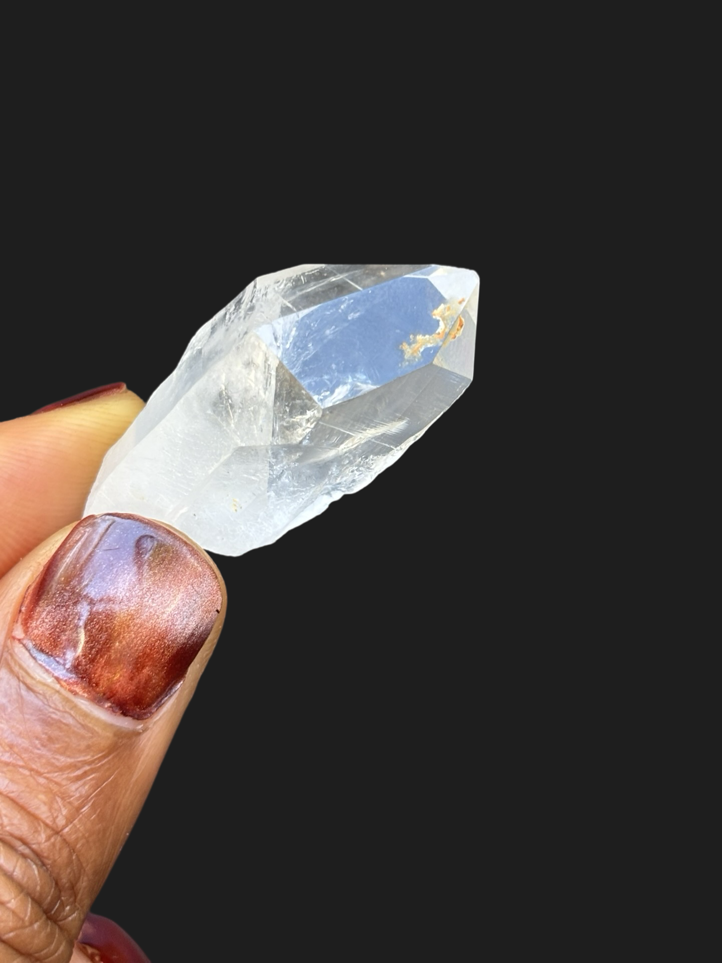 Stunning Clear Quartz Point with Water-Clear Tip, Opaque Base & Iron Accent – Ouachita Mountains, Arkansas