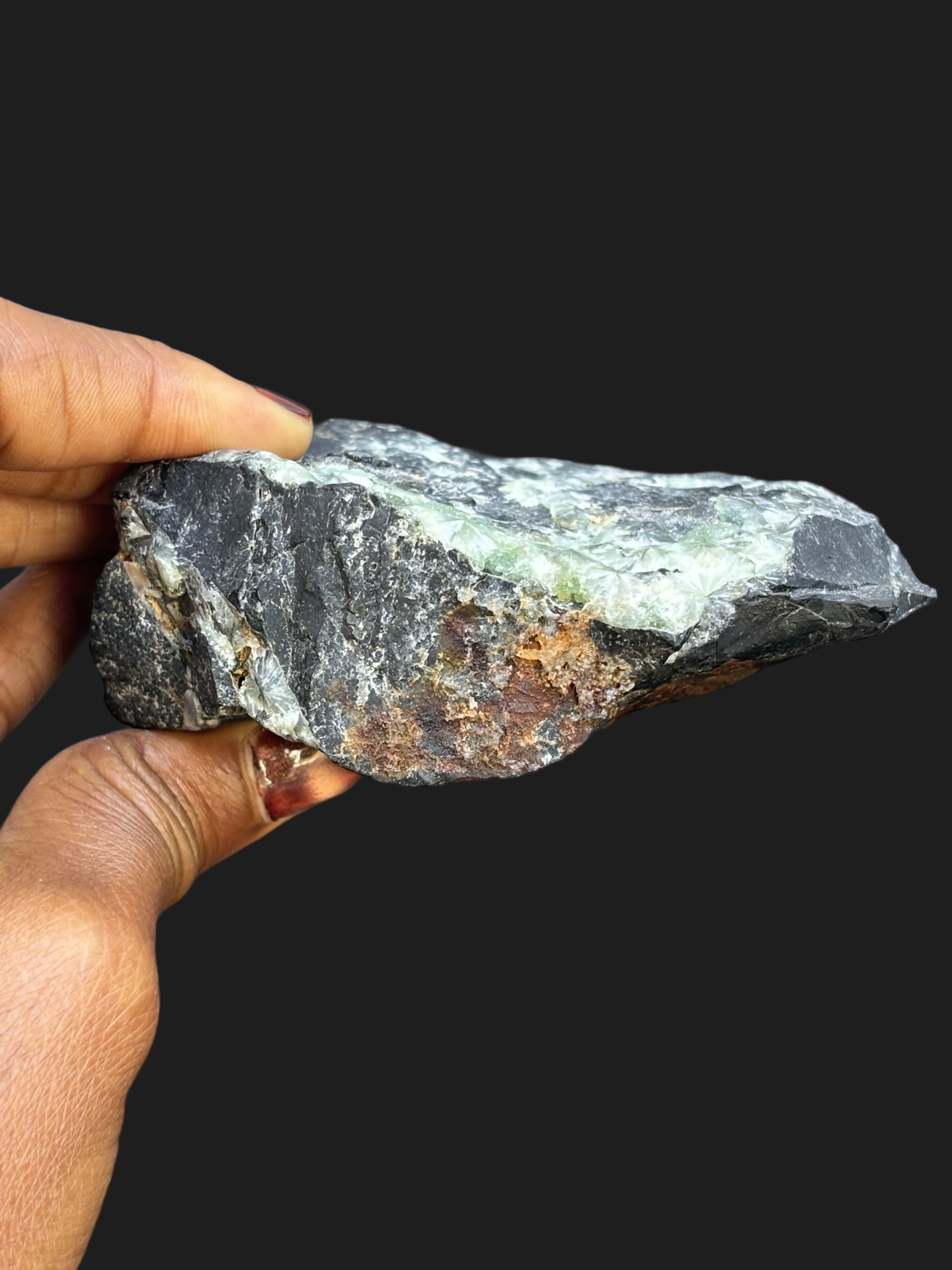 Stunning Wavellite Crystal Plate with Pale Green-Blue Cat’s Eye Formations on Dark Matrix – Mauldin Mountain, Arkansas