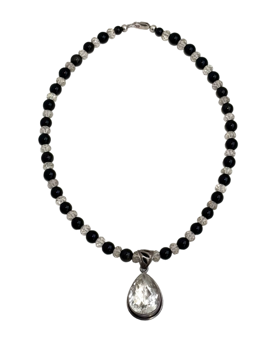 Shadowlight - Obsidian & Faceted Smoky Quartz Gemstone Necklace w/ Antique Faceted Clear Quartz Pendant