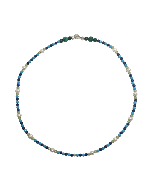 Sacred Waters - Faceted Turquoise, Lapis Lazuli, and Peridot Gemstone Necklace w/ Freshwater Pearls