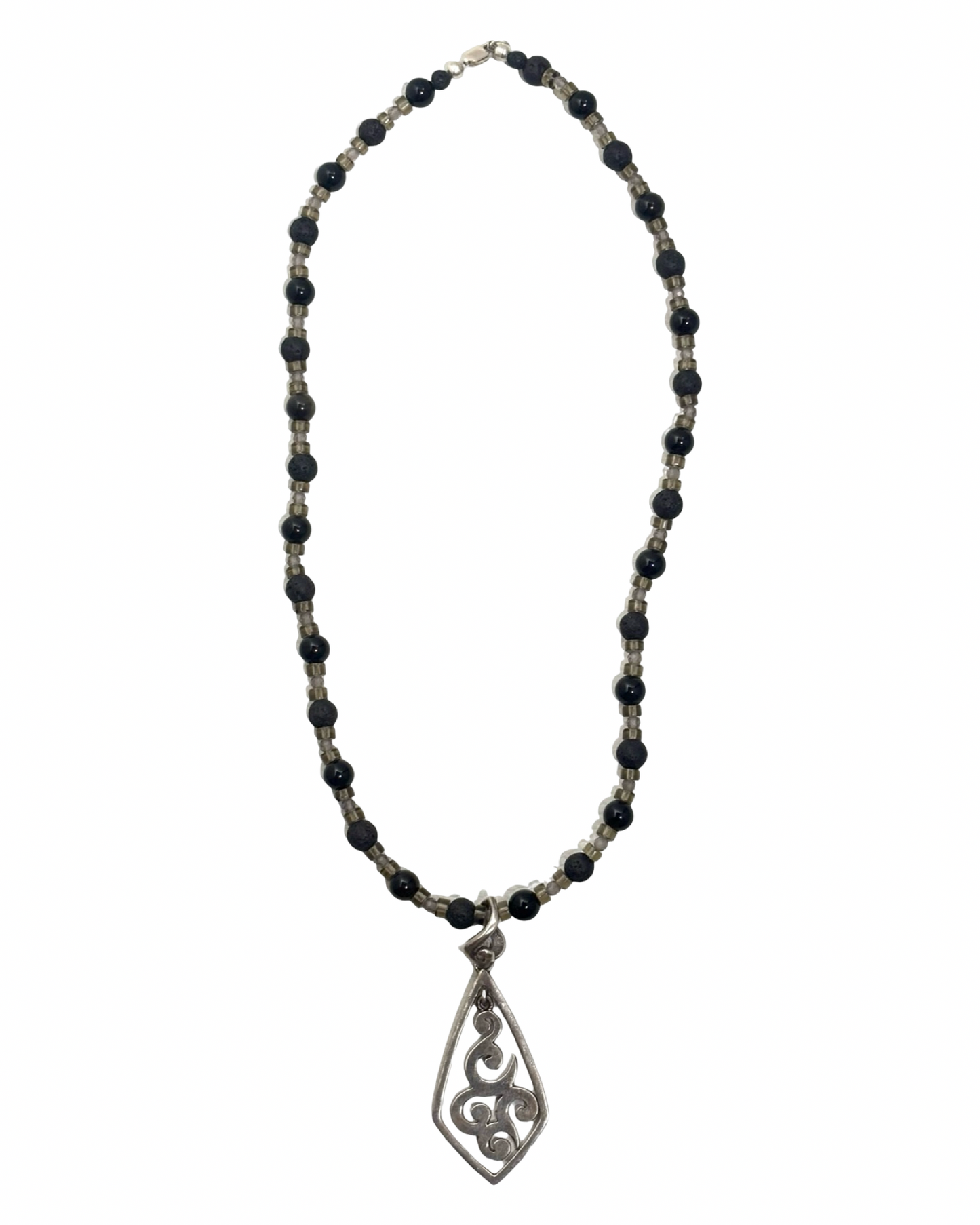 Written in Smoke - Obsidian, Lava Rock, & Smoky Quartz Gemstone Necklace w/ Antique Silpada Sterling Silver Pendant