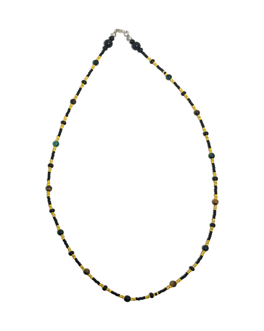 Tiger's Pulse - Tiger's Eye Gemstone Necklace w/ Glass Beads
