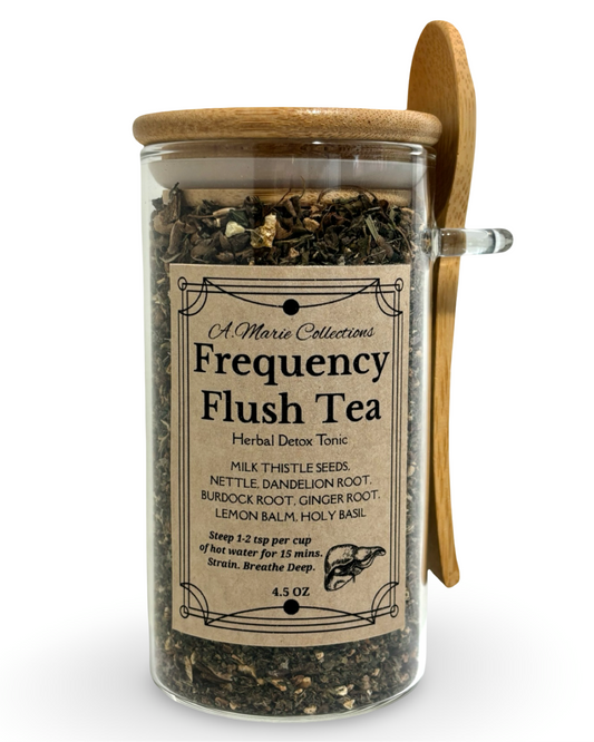 Jar of Frequency Flush Tea with a wooden scoop on a white background