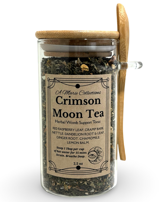 Glass jar of Crimson Moon Tea with a wooden lid on a white background