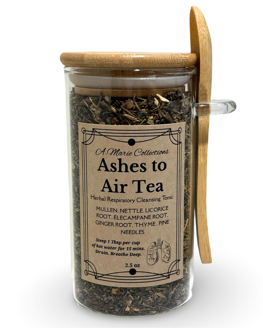 Jar of 'Ashes to Air Tea' with a wooden scoop on a white background