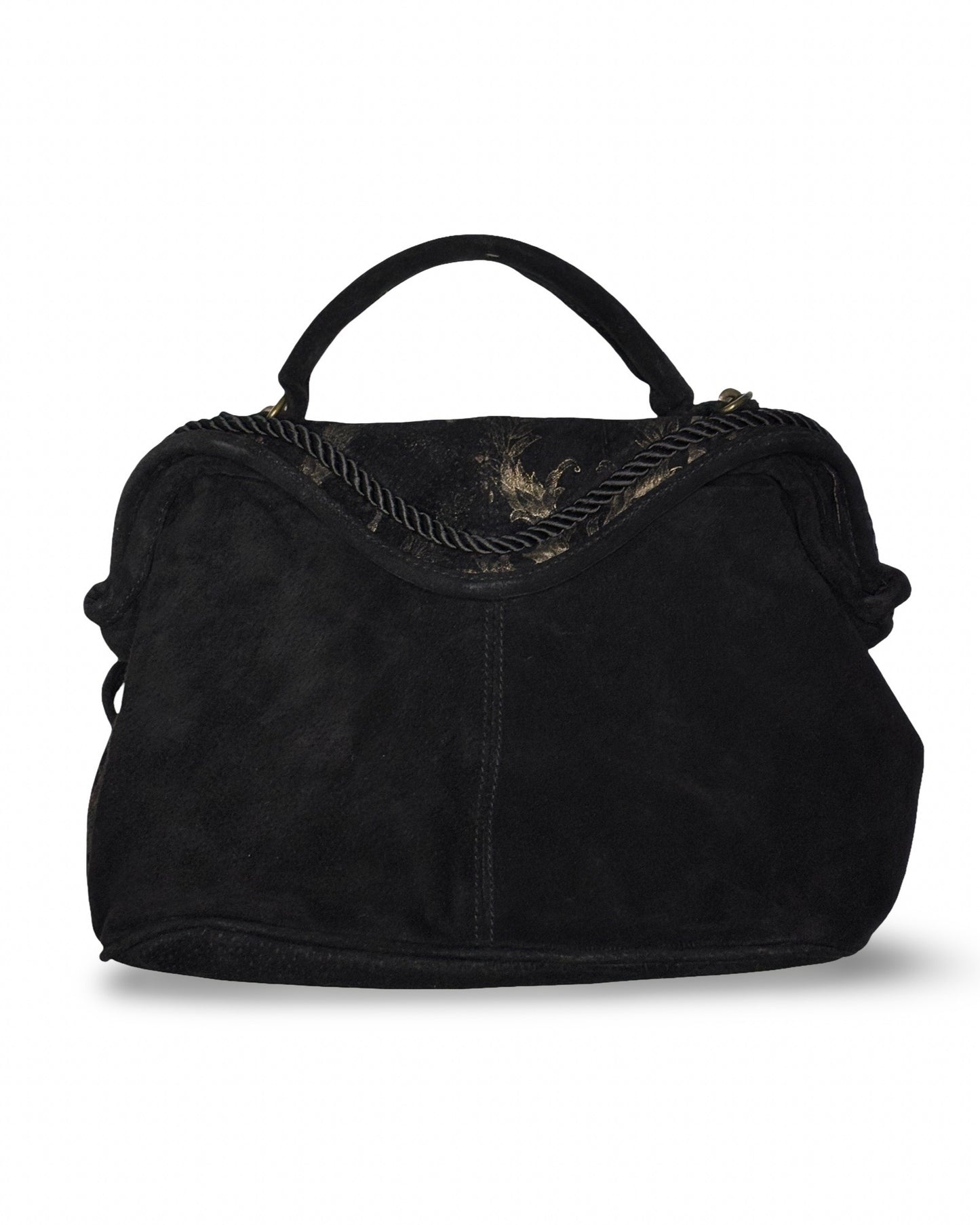 Vintage Wilsons Black Suede Leather Purse with Gold Floral Accents & Detachable Strap