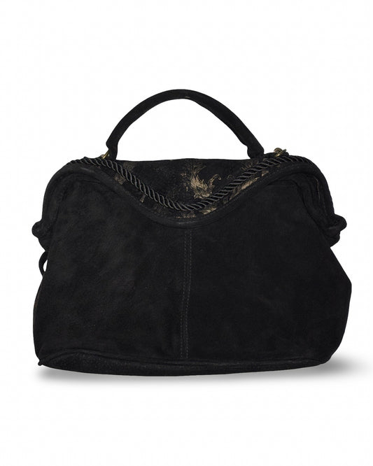 Vintage Wilsons Black Suede Leather Purse with Gold Floral Accents & Detachable Strap