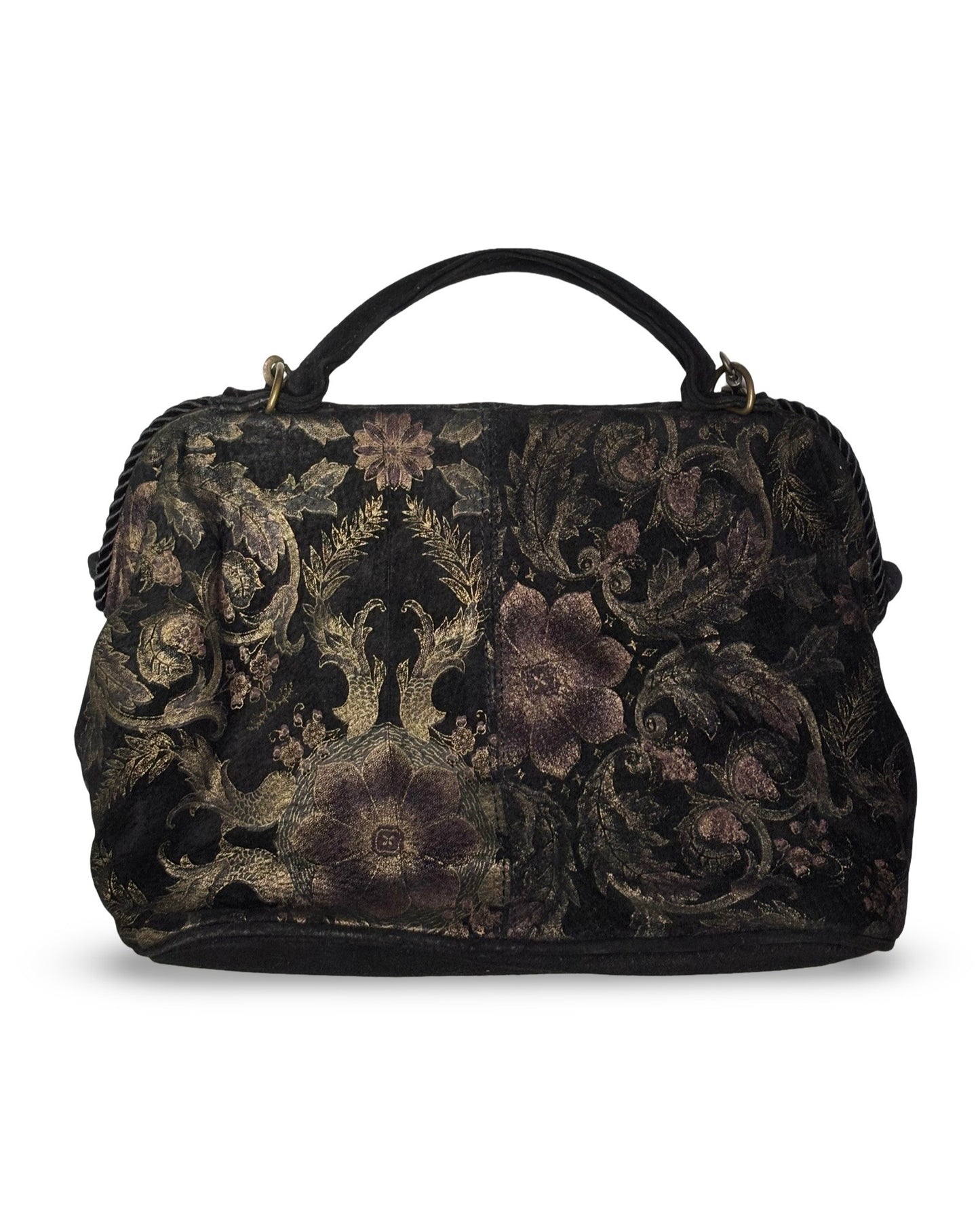 Vintage Wilsons Black Suede Leather Purse with Gold Floral Accents & Detachable Strap