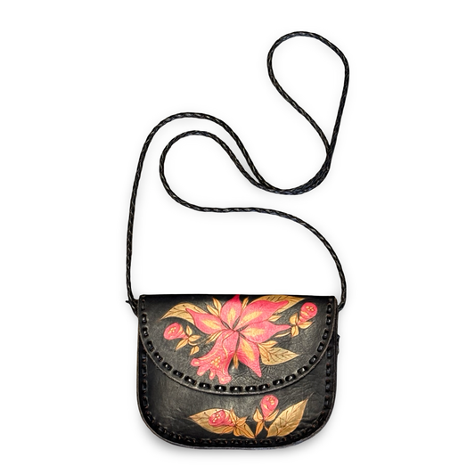 Vintage Artisan Black Leather Saddle Bag w/ Hand-Painted Floral Design Signed LJ Rio Brazil 2003