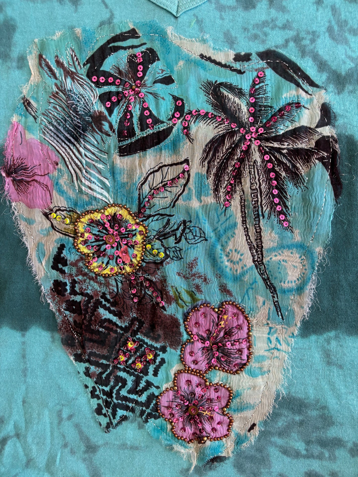 Vintage Teal Tye Dye Sequined Tropical V-Neck Graphic Tee Tank Top Size L