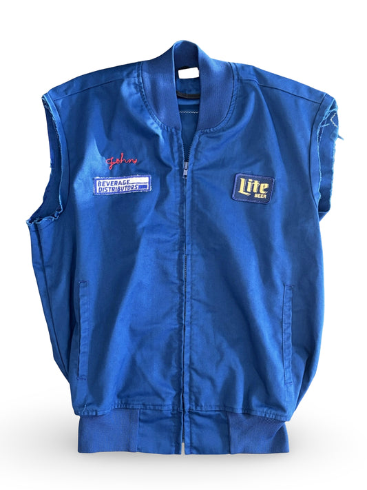 Vintage 1970s Miller High Life Beer Union Made Company Work Jacket Navy Blue USA Size Medium