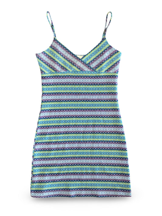 Vintage Pulse 80s Knit Retro Multi-Colored Striped Mini Dress Made In USA Size L