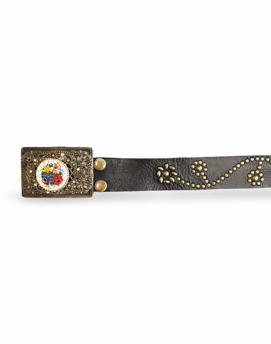 Vintage Western Boho Black Leather Brass Studded Floral Belt w/ Ornate Mosaic Tile Buckle Size S
