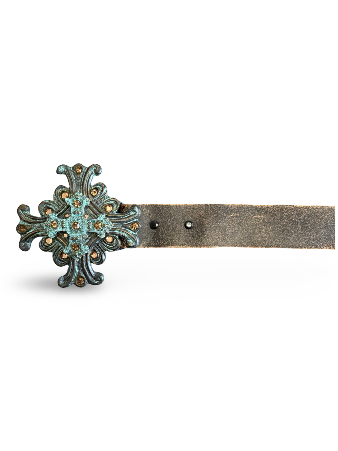 Vintage Distressed Brown Leather Western Belt w/ Turquoise Patina Cross Buckle & Copper Rhinestones USA Size M