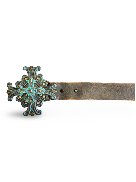 Vintage Distressed Brown Leather Western Belt w/ Turquoise Patina Cross Buckle & Copper Rhinestones USA Size M