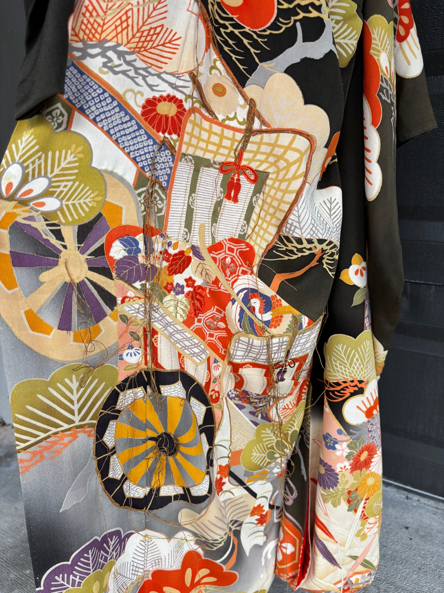 Antique Japanese Silk Uchikake (c. 1920s-1940s) – Ceremonial Formal Family Kimono w/ Mokko Crests, Pine & Fan Motif