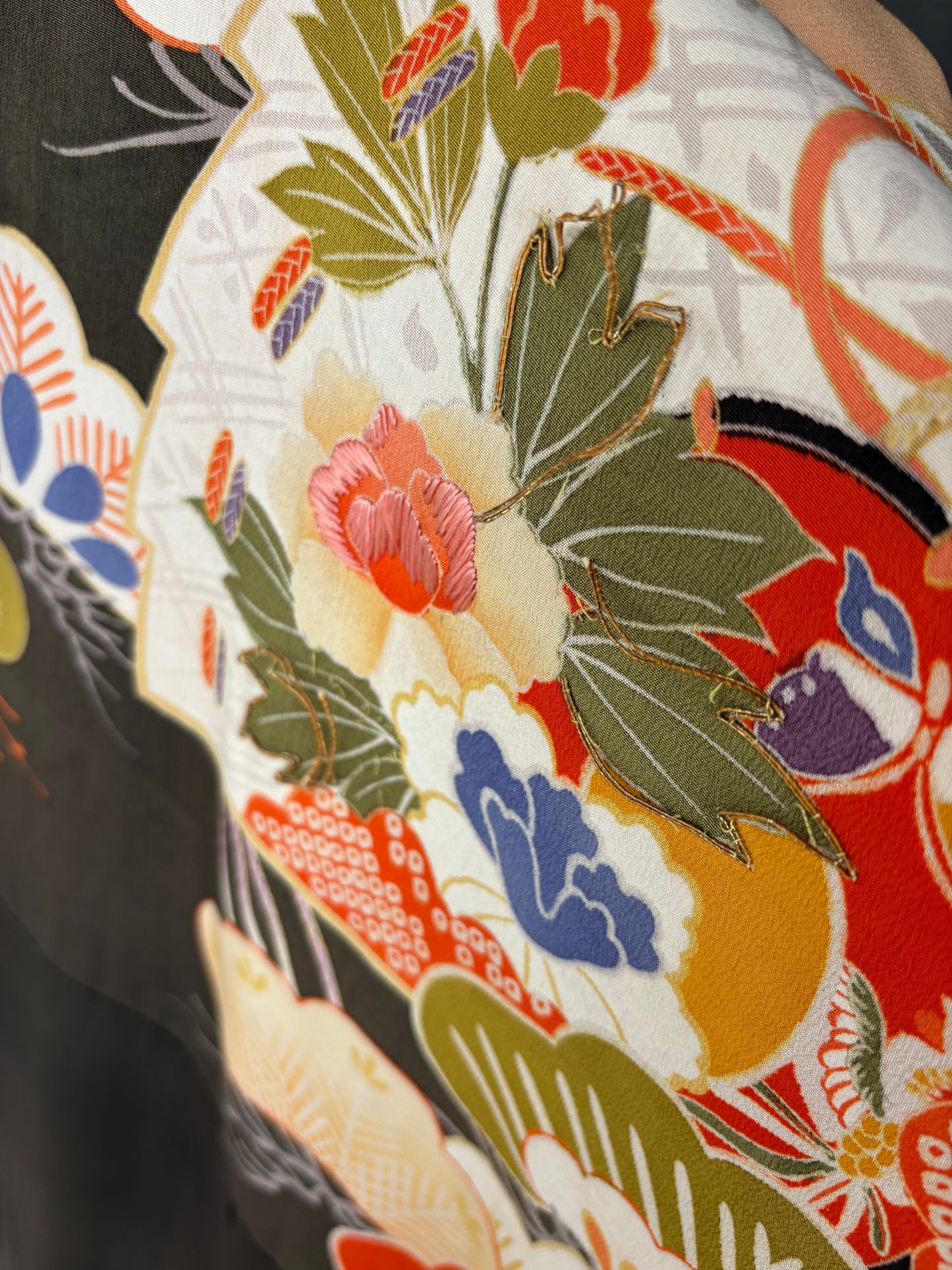 Antique Japanese Silk Uchikake (c. 1920s-1940s) – Ceremonial Formal Family Kimono w/ Mokko Crests, Pine & Fan Motif