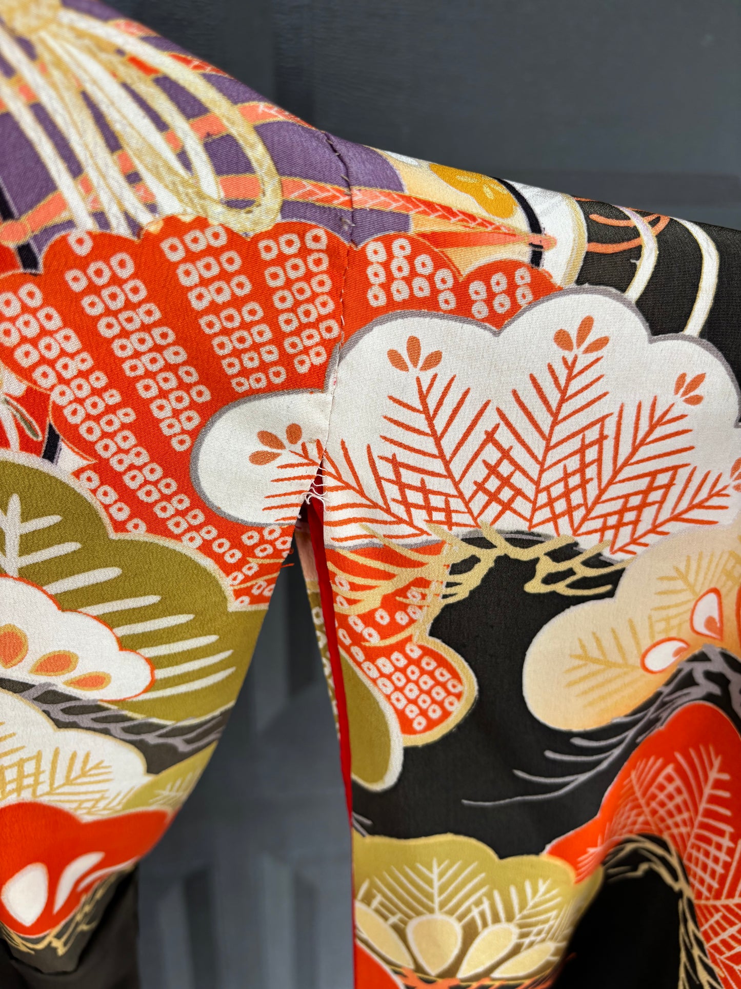Antique Japanese Silk Uchikake (c. 1920s-1940s) – Ceremonial Formal Family Kimono w/ Mokko Crests, Pine & Fan Motif