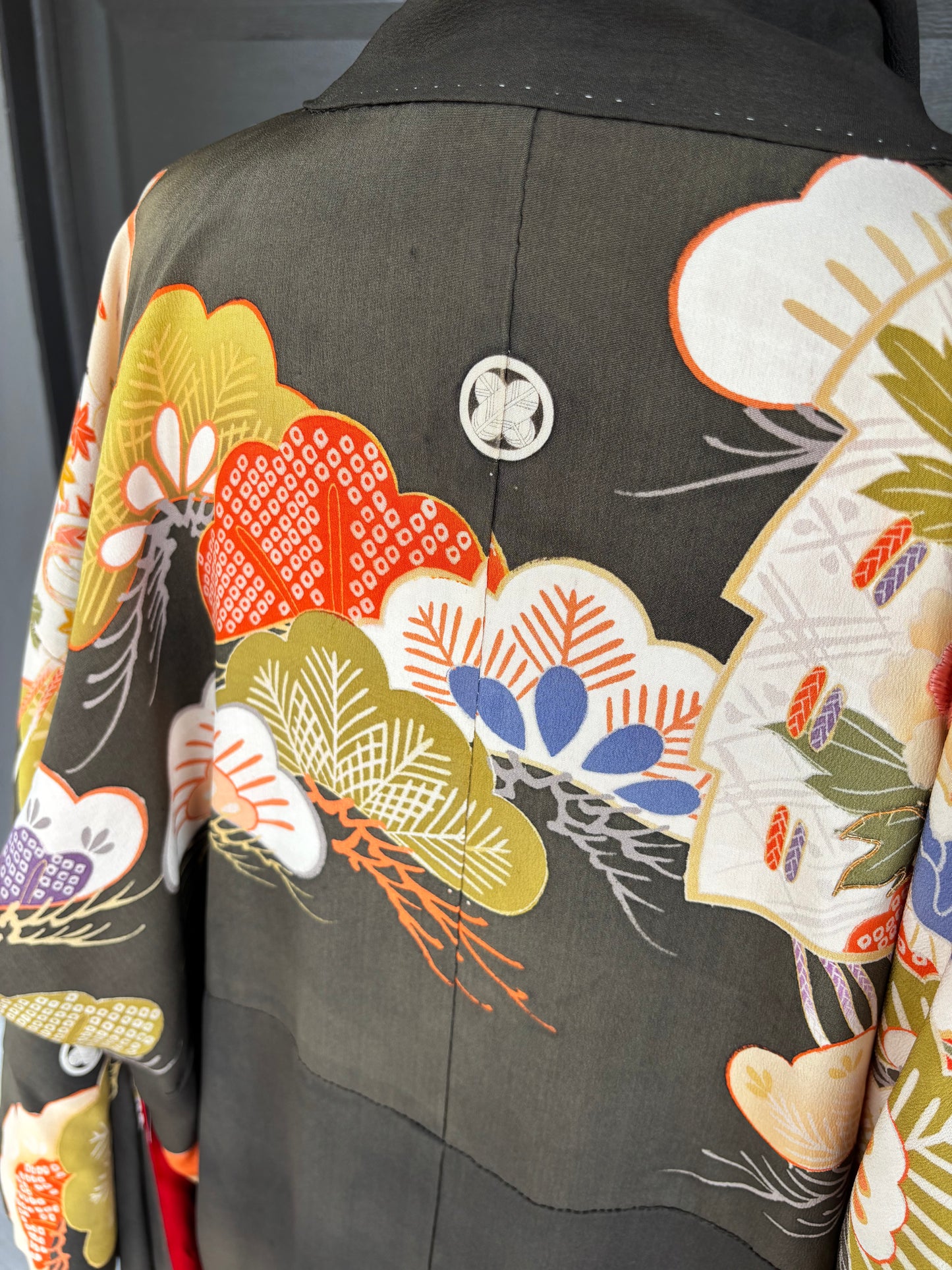 Antique Japanese Silk Uchikake (c. 1920s-1940s) – Ceremonial Formal Family Kimono w/ Mokko Crests, Pine & Fan Motif