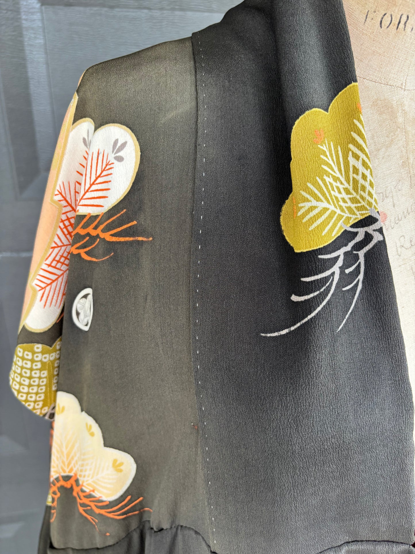 Antique Japanese Silk Uchikake (c. 1920s-1940s) – Ceremonial Formal Family Kimono w/ Mokko Crests, Pine & Fan Motif