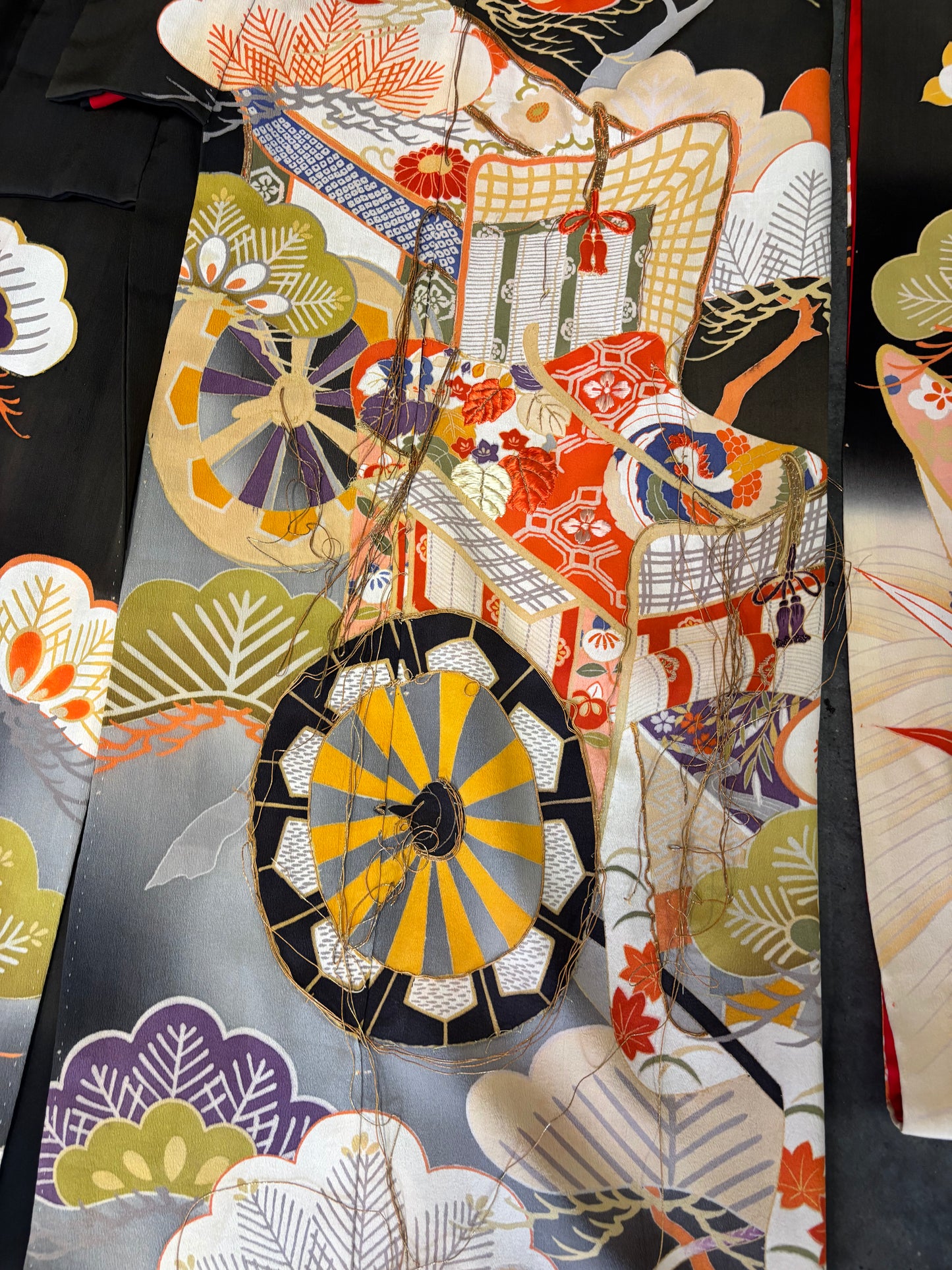 Antique Japanese Silk Uchikake (c. 1920s-1940s) – Ceremonial Formal Family Kimono w/ Mokko Crests, Pine & Fan Motif