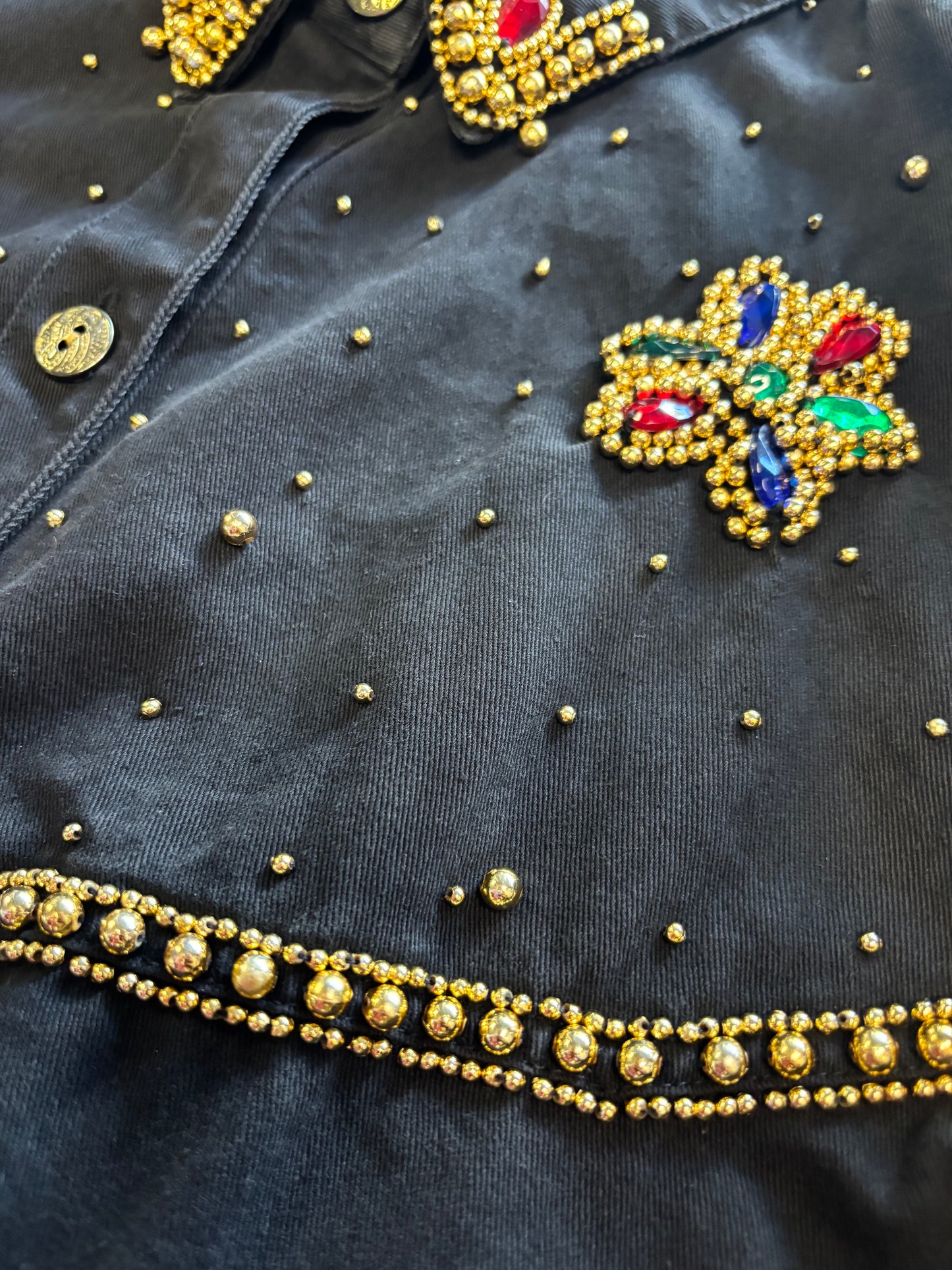 Vintage Rhinestone Bedazzled Holiday Embellished Black Denim Button-Up Top Size M