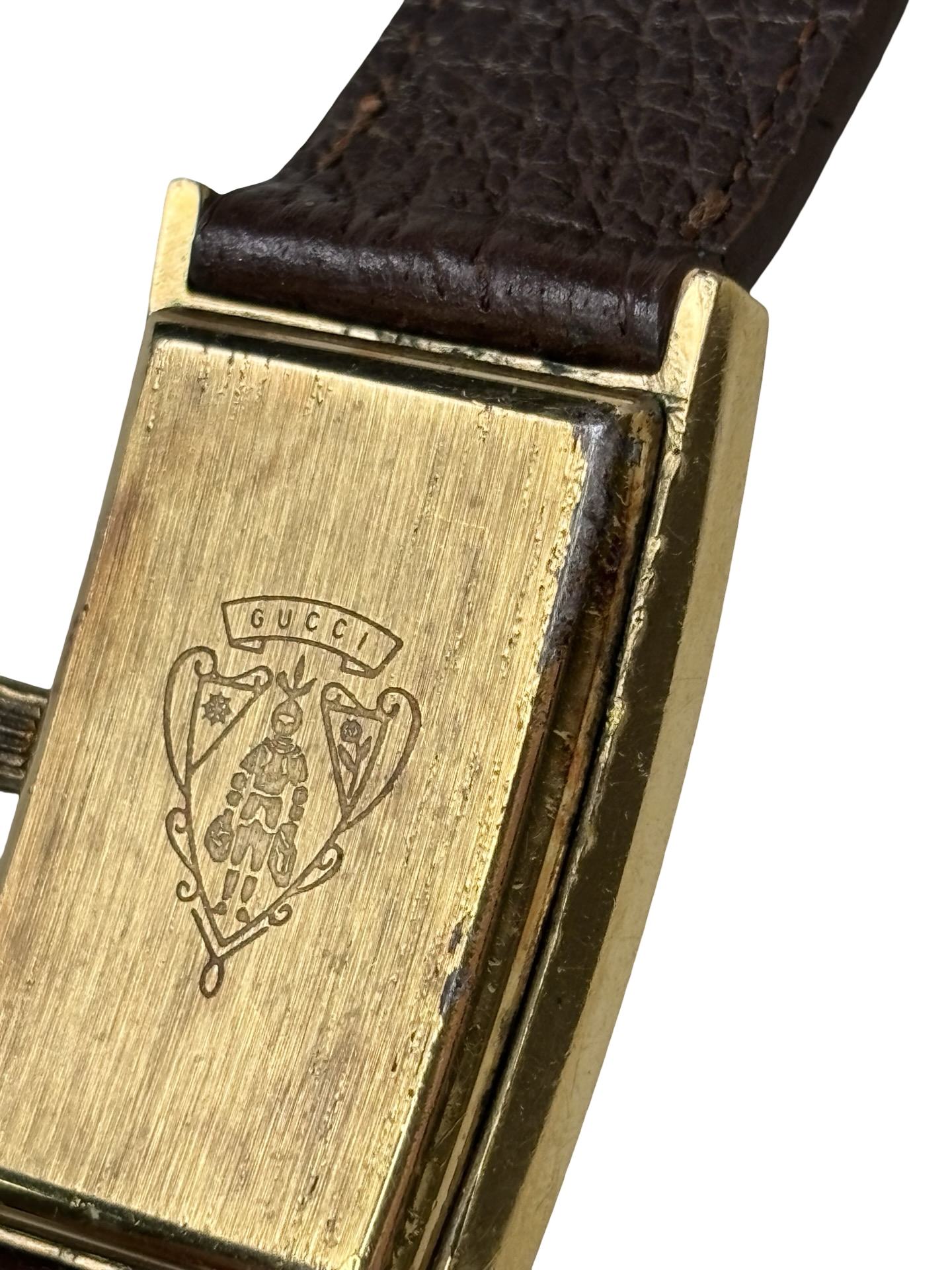 Vintage 1980s Gucci 2600L 18k Gold-Plated Rectangular Sherry Line Dial Watch w/ Original Brown Leather Band