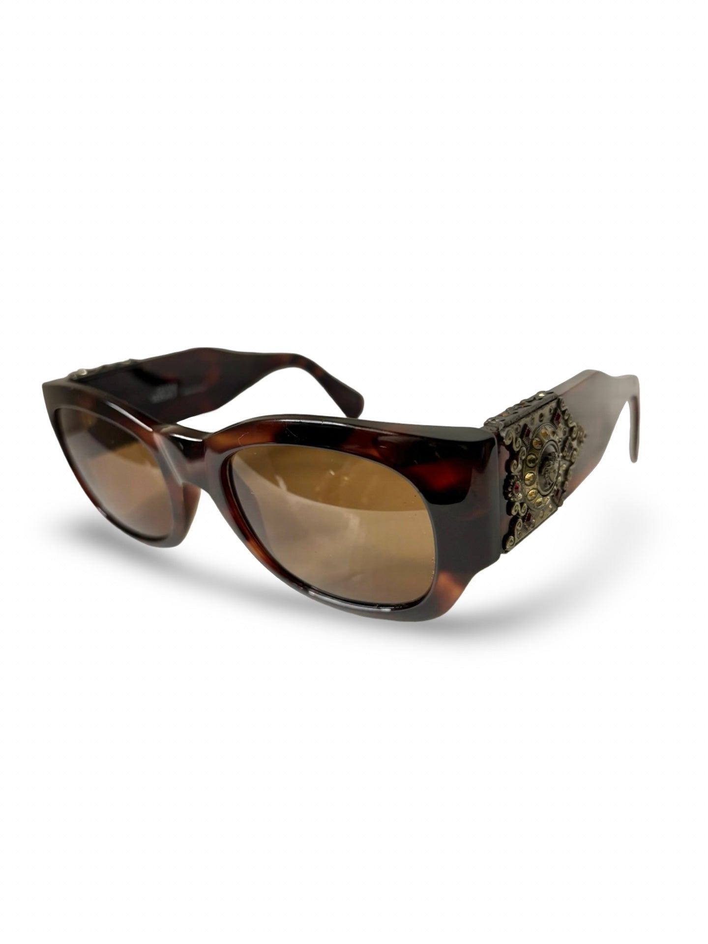 Vintage 1990s Gianni Versace 413/H Tortoise Shell Sunglasses w/ Medusa Emblem & Rhinestones