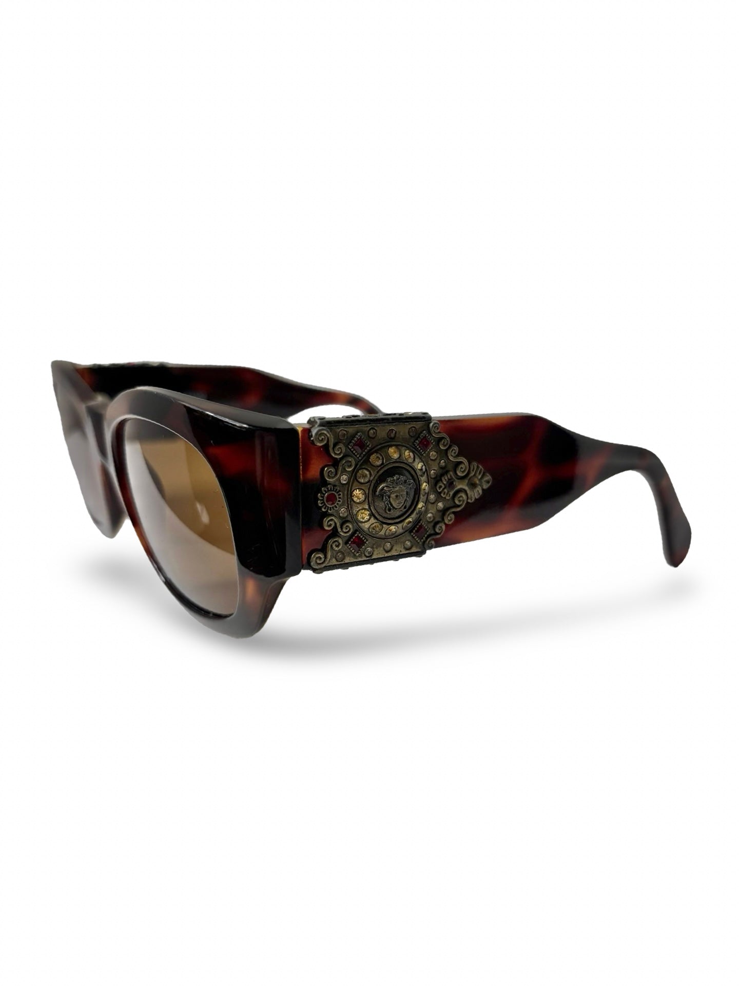 Vintage 1990s Gianni Versace 413/H Tortoise Shell Sunglasses w/ Medusa Emblem & Rhinestones