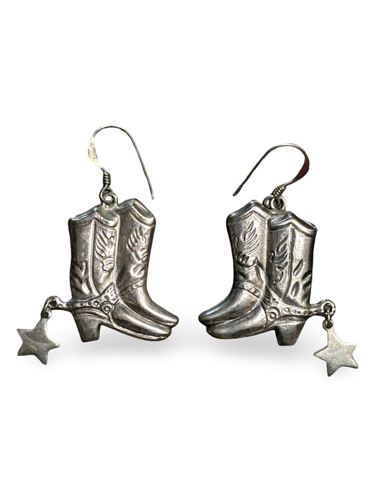 Vintage Sterling Silver Cowboy Boot Earrings with Dangle Star Spur