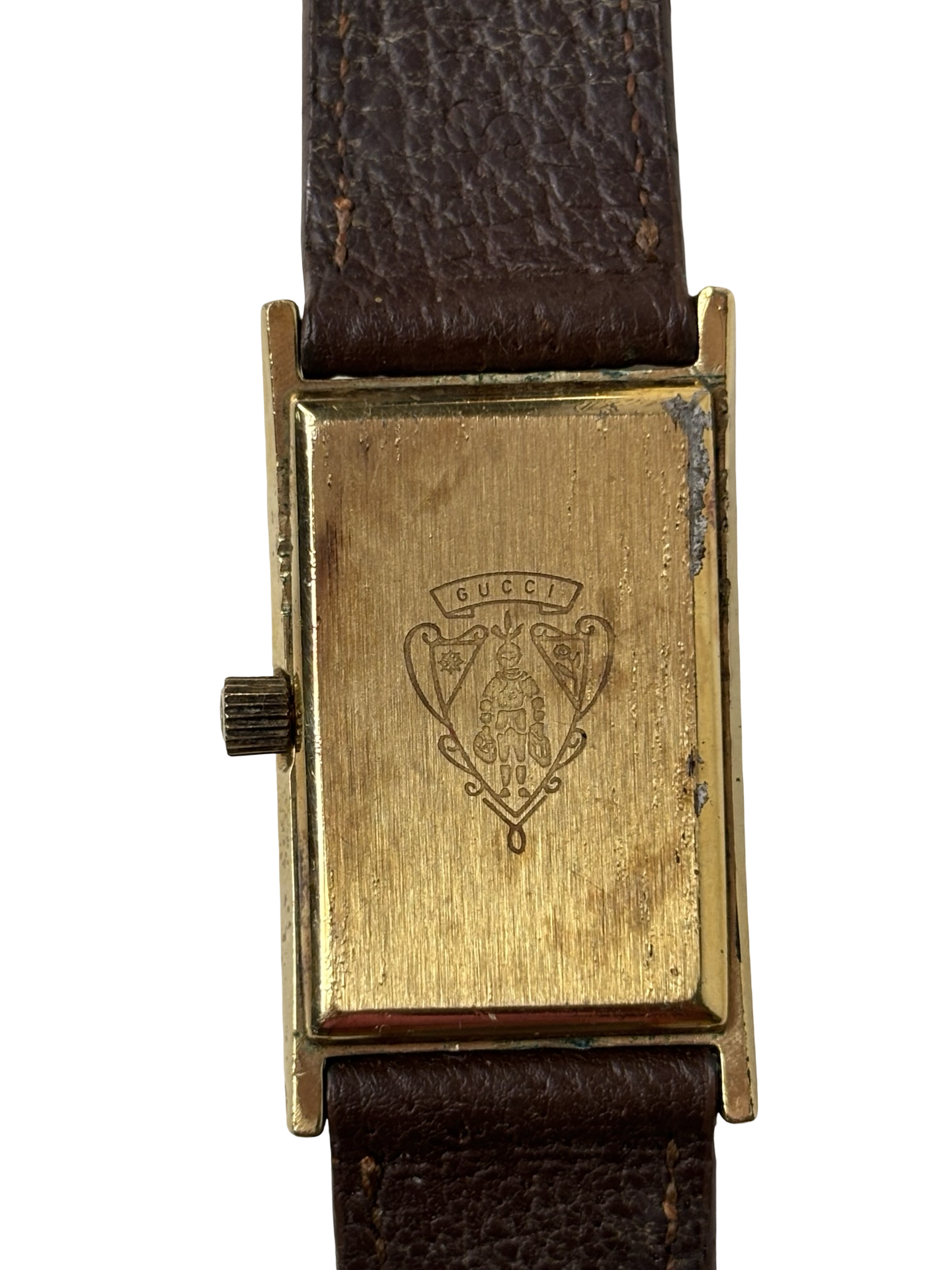 Vintage 1980s Gucci 2600L 18k Gold-Plated Rectangular Sherry Line Dial Watch w/ Original Brown Leather Band