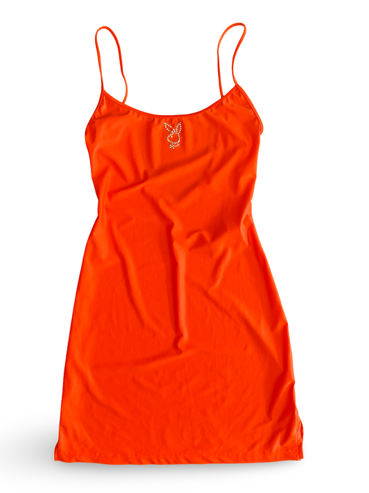 Vintage Y2K Playboy Rhinestone Orange Lycra Low-Back Mini Dress Swimwear NWT Size M