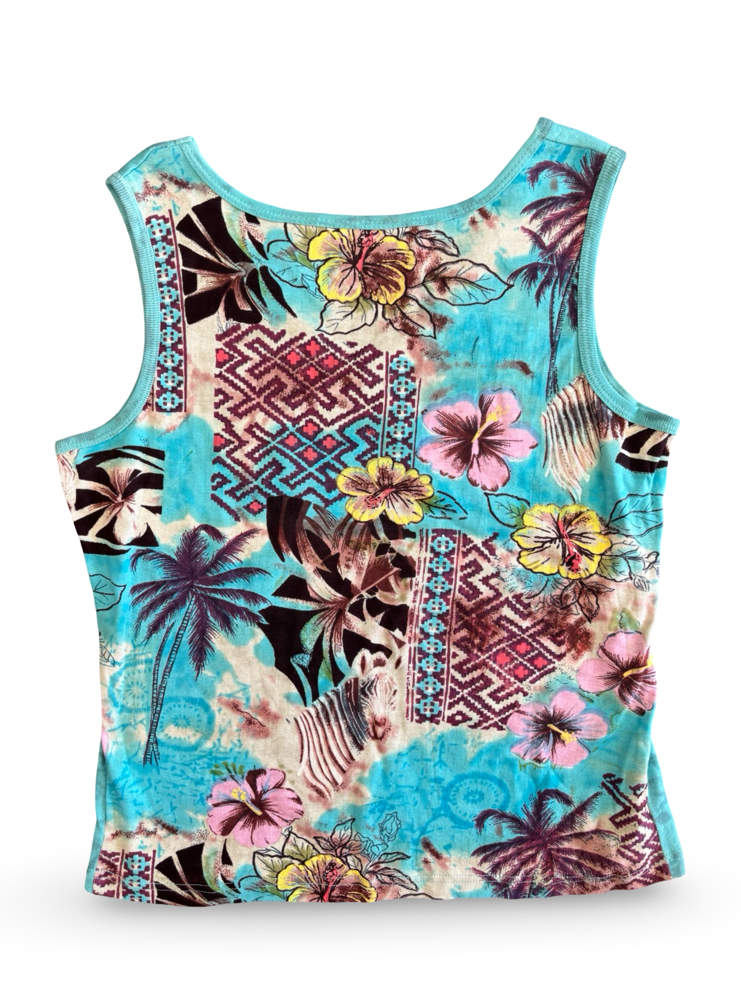 Vintage Teal Tye Dye Sequined Tropical V-Neck Graphic Tee Tank Top Size L