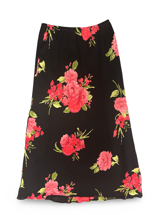 Vintage 90s Black, Red, and Green Long Flowy Rose Bouquet Printed Skirt Size M