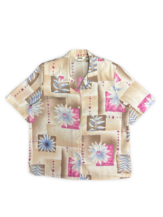 Vintage Alia Hawaiian Tropical Multi-Color Floral Geometric Patchwork Print Short-Sleeve Button-Up Shirt Size XL