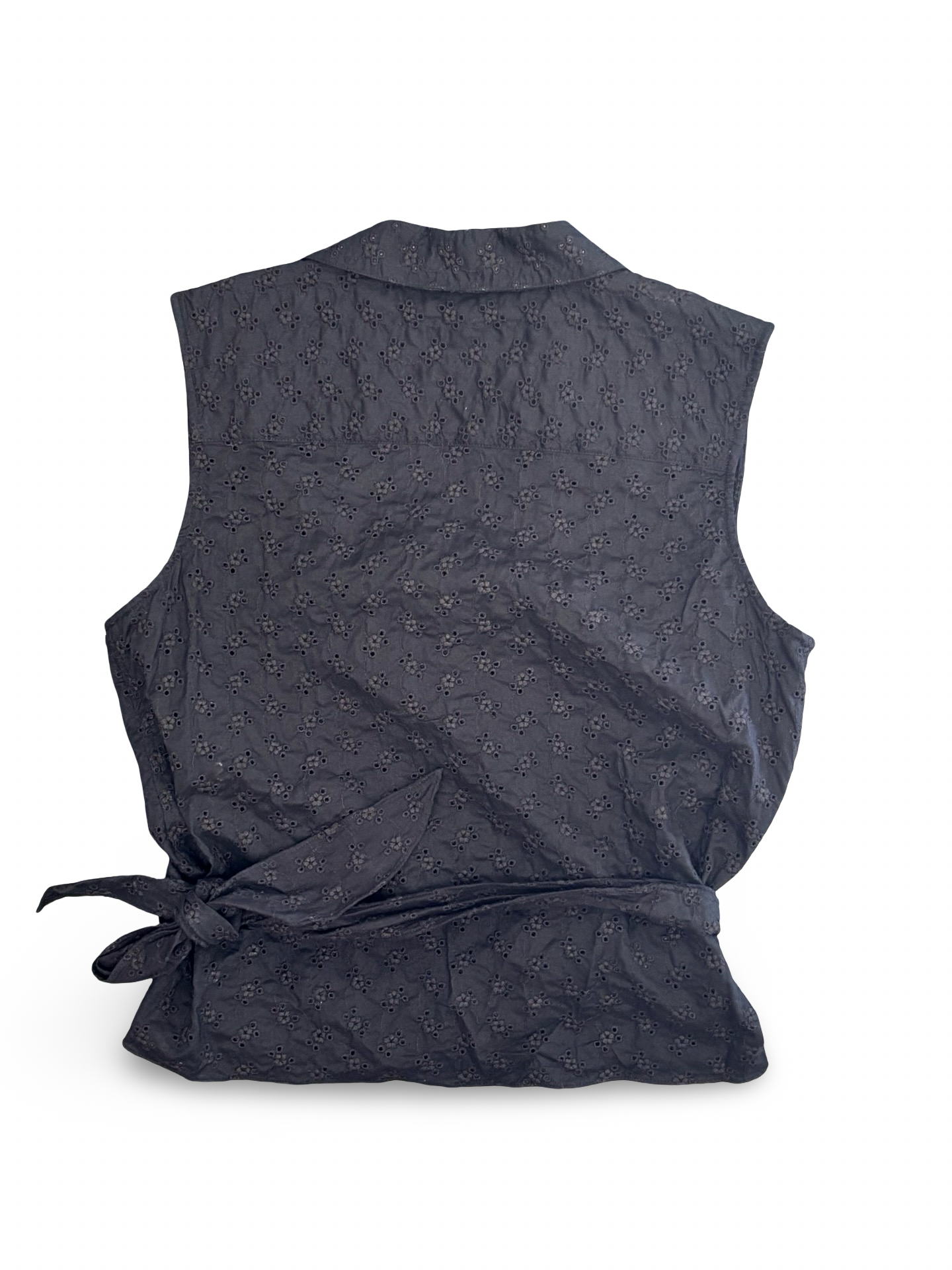 Vintage Ralph Lauren Sleeveless Wrap Top Black Cotton w/ Embroidered Eyelet Pattern Size L