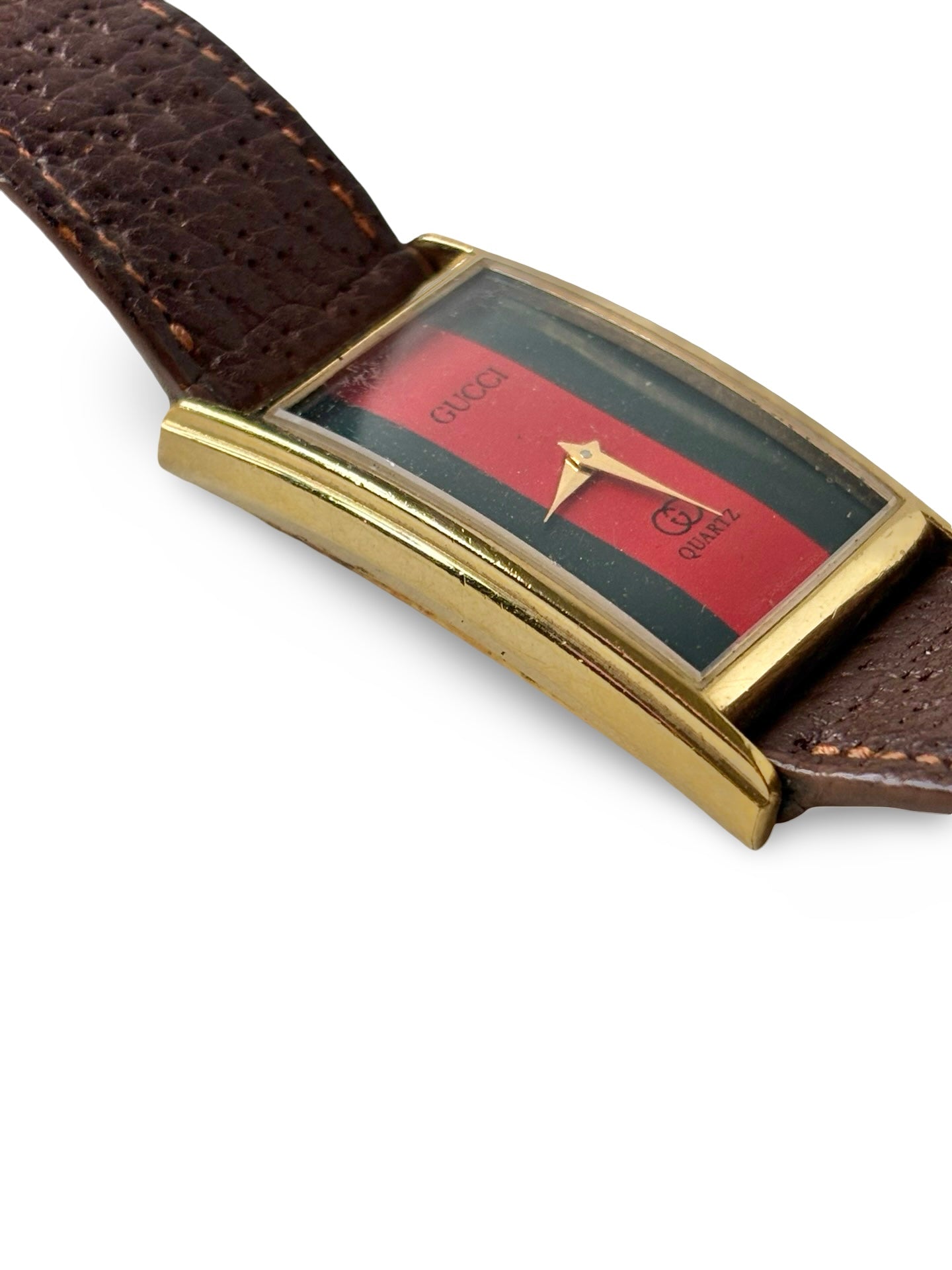 Vintage 1980s Gucci 2600L 18k Gold-Plated Rectangular Sherry Line Dial Watch w/ Original Brown Leather Band
